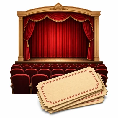 A theater with seats and a stack of tickets.