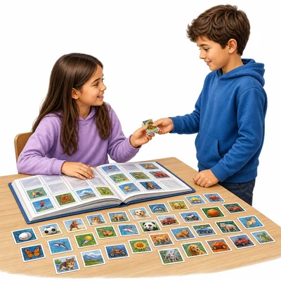 A student receives more stickers from a friend beside a sticker album.