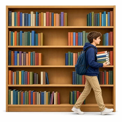 A student carries books away from a library shelf with some empty spaces.