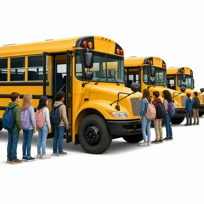 Several school buses with students waiting to board.