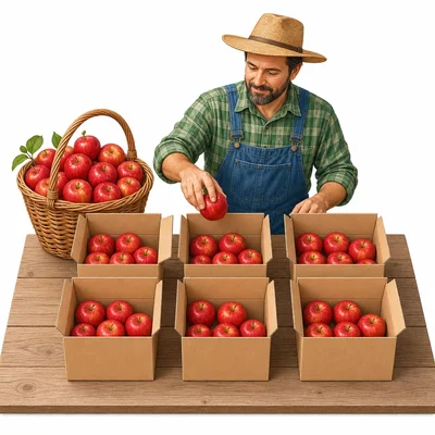 A farmer divides apples equally into open boxes.