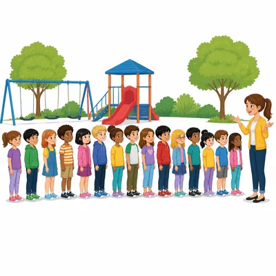 Fifteen students standing in line with a teacher nearby.