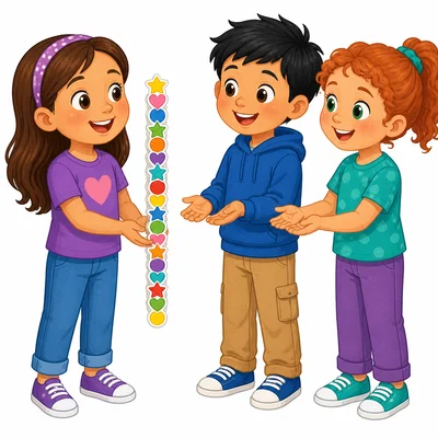 A child with eighteen stickers and two friends.