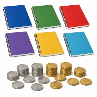 Six notebooks with coins suggesting the cost of multiple notebooks.