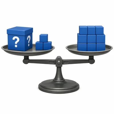 A balance scale showing a mystery box plus cubes equal to a larger group of cubes.