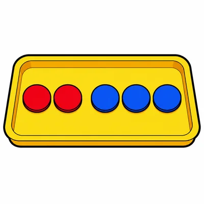 Two red counters and three blue counters make five counters.