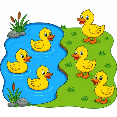 Three ducks are in a pond and three ducks are on the grass.