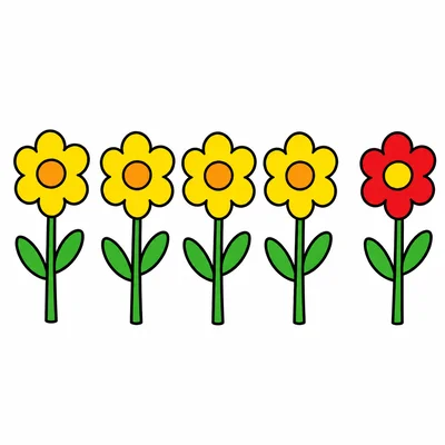 Four yellow flowers and one red flower make five flowers.