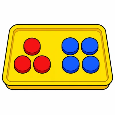 Three red counters and four blue counters make seven counters.