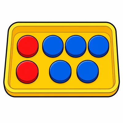 Two red counters and five blue counters make seven counters.