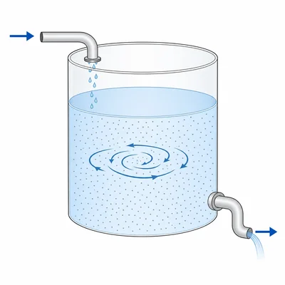 Well-mixed tank with brine flowing in and solution flowing out.
