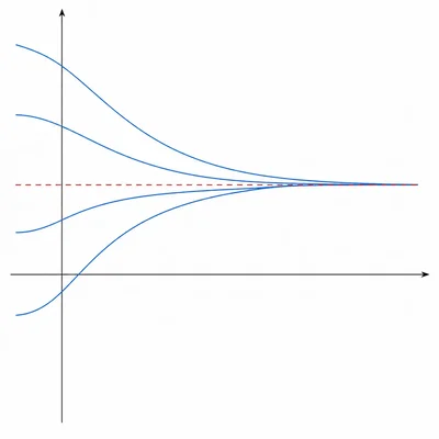 Several solution curves approach the same horizontal equilibrium line as x increases.
