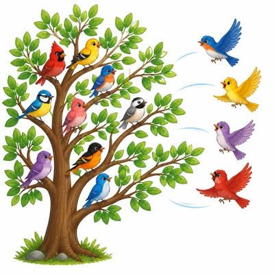 Birds in a tree with more birds flying in.