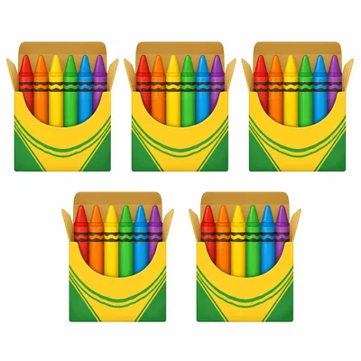 Five boxes with six crayons in each box.