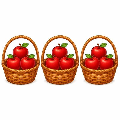 Apples shared equally into three baskets.