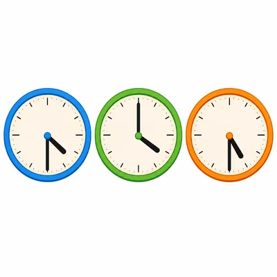 Three clocks showing different hand positions.