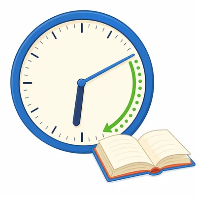 Clock showing ten after six with a time-passing arrow and book.