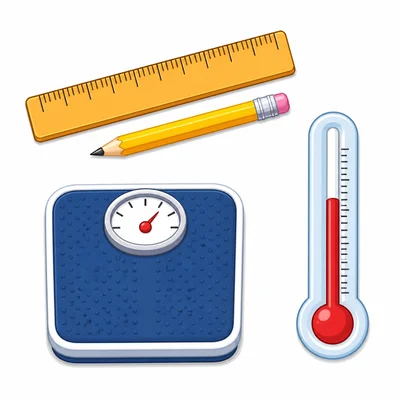 A ruler, scale, thermometer, and pencil.