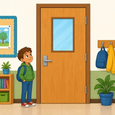 A classroom door with a child beside it for size comparison.