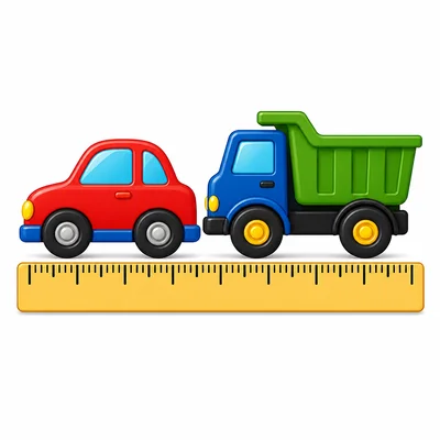 A toy car and toy truck placed end to end on a measuring strip.