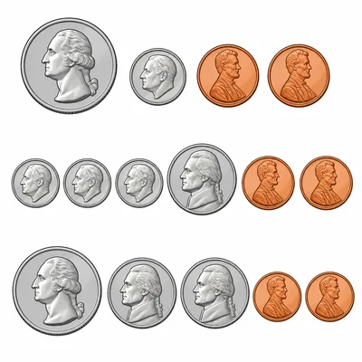 Three rows of different coin sets.
