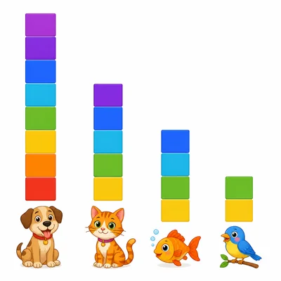 Bar graph with dog, cat, fish, and bird icons.