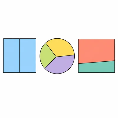 Three divided shapes showing equal and unequal parts.