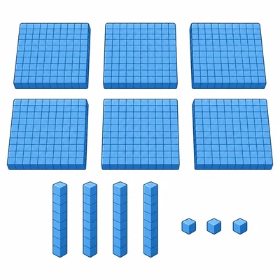 Base-ten blocks showing 6 hundreds, 4 tens, and 3 ones.