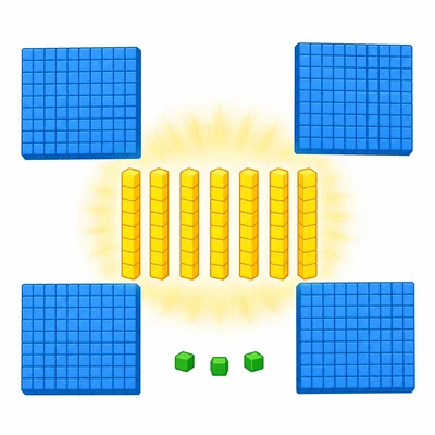 Base-ten blocks showing four hundreds, seven tens, and three ones, with the tens highlighted.