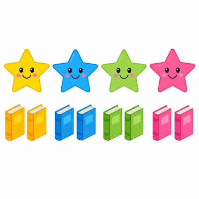 Four stars, each paired with two books.