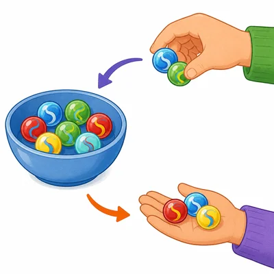 Marbles being added to a collection and then some being given away.