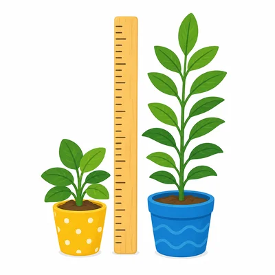 A plant shown shorter at first and taller later beside a measuring stick.