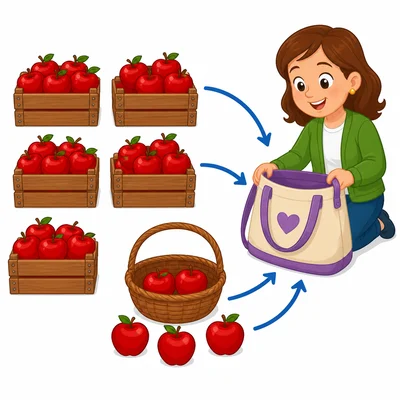 Grouped apples in a basket with some apples being given away.