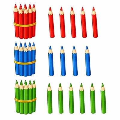 Groups of red, blue, and green pencils arranged for counting.