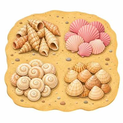 Four equal groups of seashells.