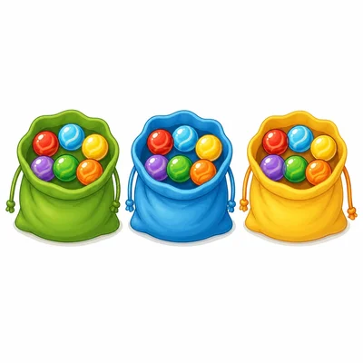 Three bags with equal groups of marbles.