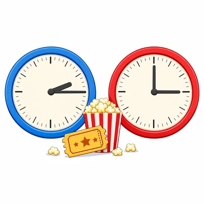 Two clocks showing a movie start and end time.