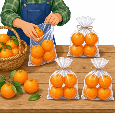 Oranges packed into equal bags.