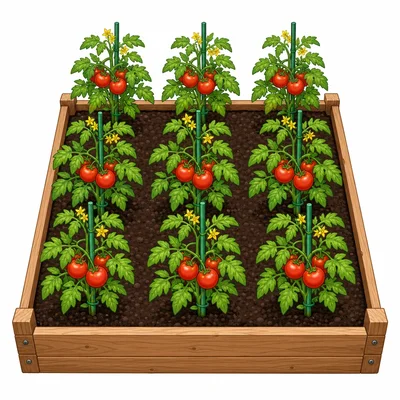 Tomato plants arranged in an array in a garden bed.