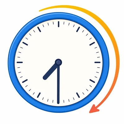Clock showing half past seven with an arrow for elapsed time.