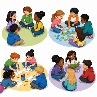 Students divided into equal groups.