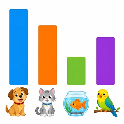 A pet vote bar graph with dog, cat, fish, and bird icons.