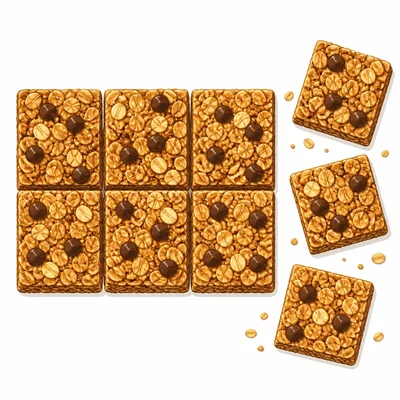 Granola bar divided into equal pieces with three pieces highlighted.