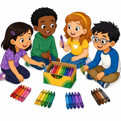 Crayons shared equally among students.