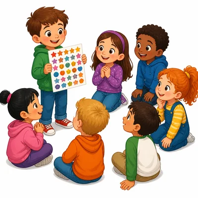 A child sharing a sheet of stickers with six friends.