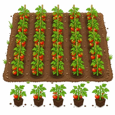 Rows of tomato plants with extra plants added beside the garden.
