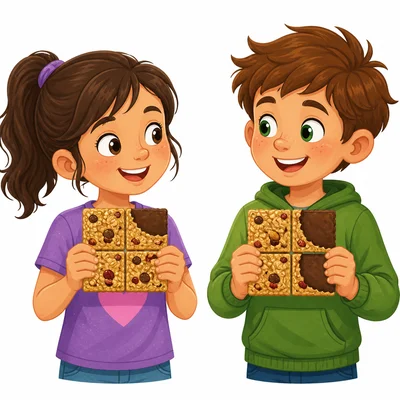 Two children with equal granola bars showing different amounts eaten.