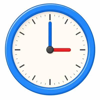 An analog clock with the hour hand at three and the minute hand at twelve.