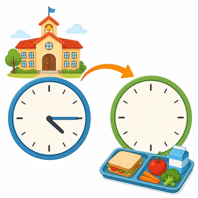 A school start clock leading by an arrow to a lunch time clock.