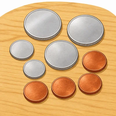 Three large silver coins, two smaller silver coins, and four copper coins.